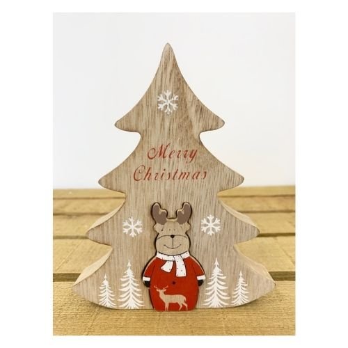 Handmade Wooden Tree Block With Reindeer Christmas Decoration