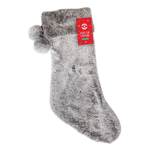 Faux Fur Christmas Stocking With Pom Poms 55cm x 20cm