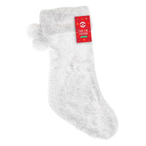 Faux Fur Christmas Stocking With Pom Poms 55cm x 20cm