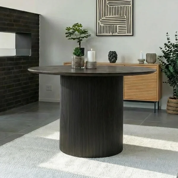 House Nordic Boavista Dark Wood Round Fluted Dining Table – 120 cm, 4 Seater