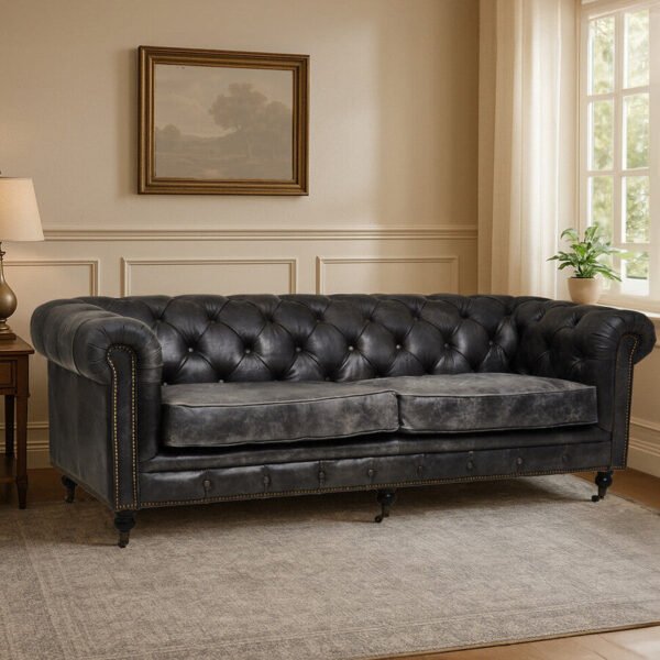Hoxton Antique Black Leather 3 Seater Chesterfield Sofa