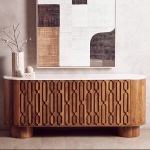 Torcino three-door carved mango wood sideboard with white marble top