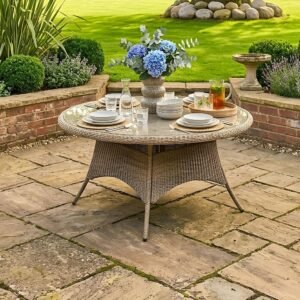 Alexander Rose Arlington 150cm round rattan six seater garden dining table