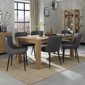Bentley Turin light oak extending dining table with six dark-grey Cezanne chairs
