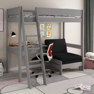 Kids Avenue Estella grey high sleeper bed with integrated desk and black convertible sofa bed