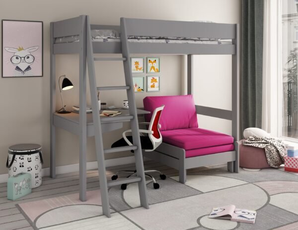 Kids Avenue Estella Grey High Sleeper with Desk & Pink Sofa Bed – 190 × 90 cm