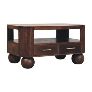Sculptural solid mango wood coffee table with sphere-shaped legs