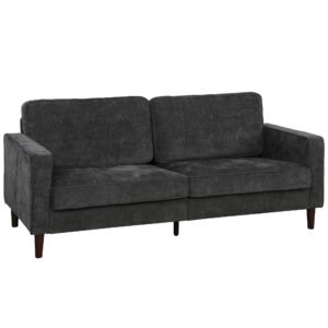 HOMCOM dark-grey button-tufted velvet-feel 199 cm three-seater sofa with wooden legs