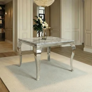 Humz Louis grey engineered marble square dining table with curved chrome legs