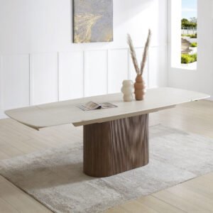 Grevina Italian white travertine marble-effect ceramic extending dining table with walnut base