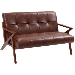 HOMCOM compact brown PU leather two-seater tufted sofa